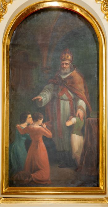 Obraz świętego Mikołaja w ołtarzu bocznym prawym w nawie pw. świętego Mikołaja.